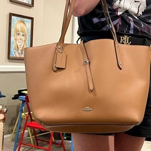 Coach Tan Leather tote, blue inside, authenticity patch